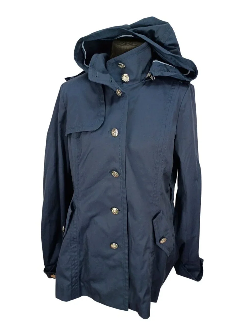 Kristen Blake Womens‎ Navy Hooded Button-Up Jacket L Cotton Blend